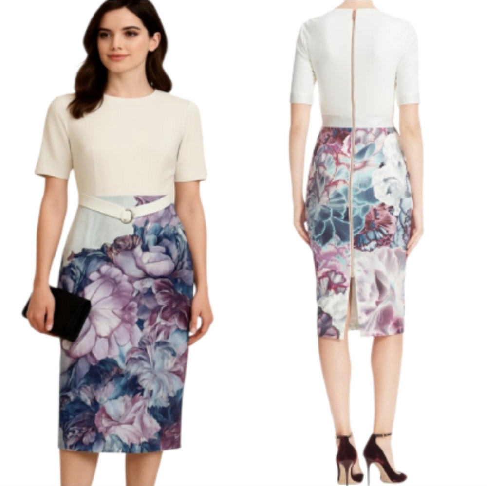 Nwot Ted Baker Illuminated Lav. Bloom Creme Contrast Shortsleeve Floral Dress